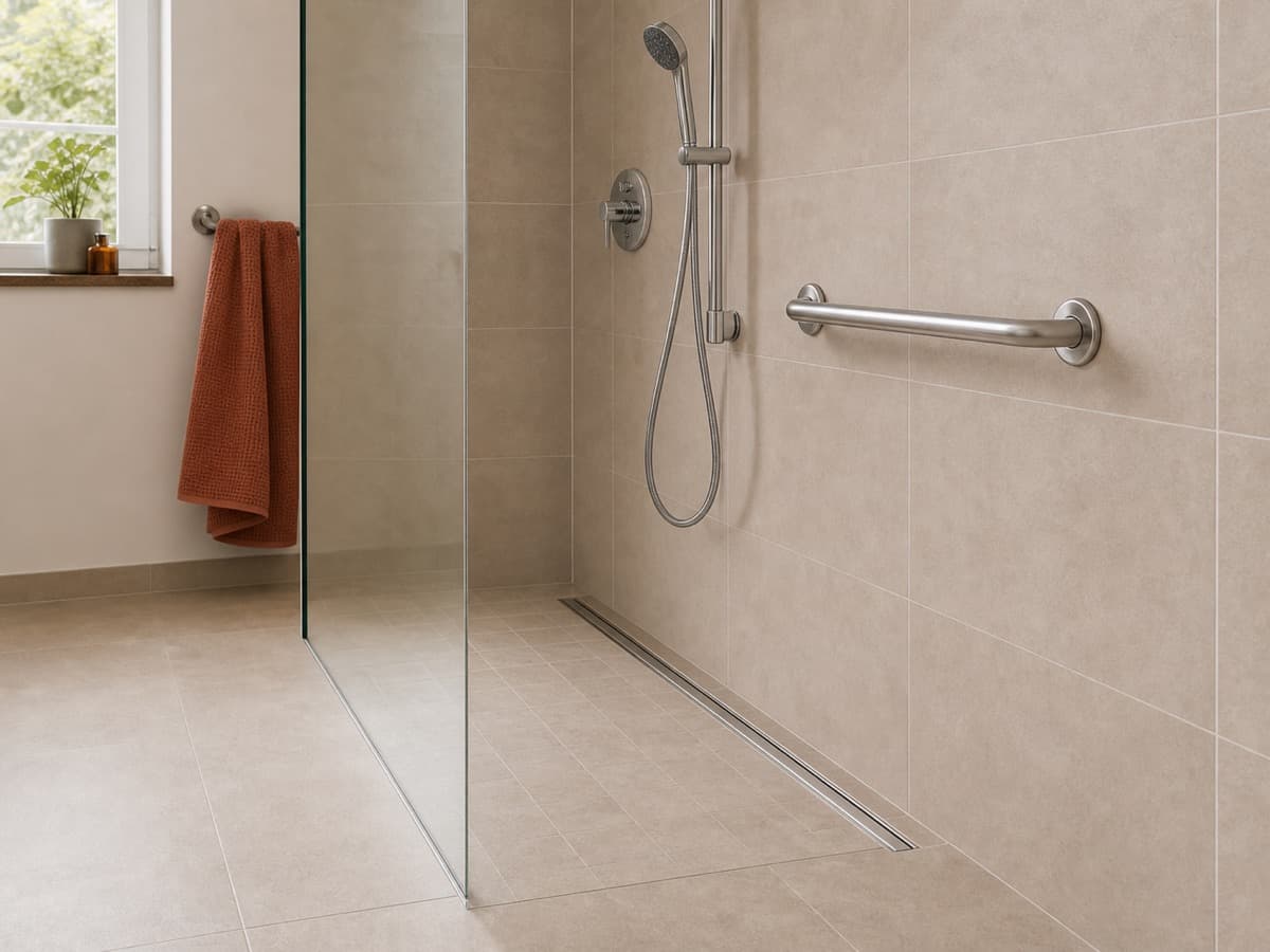 Barrierearme walk-in Dusche mit Haltegriff und bodengleichem Ablauf