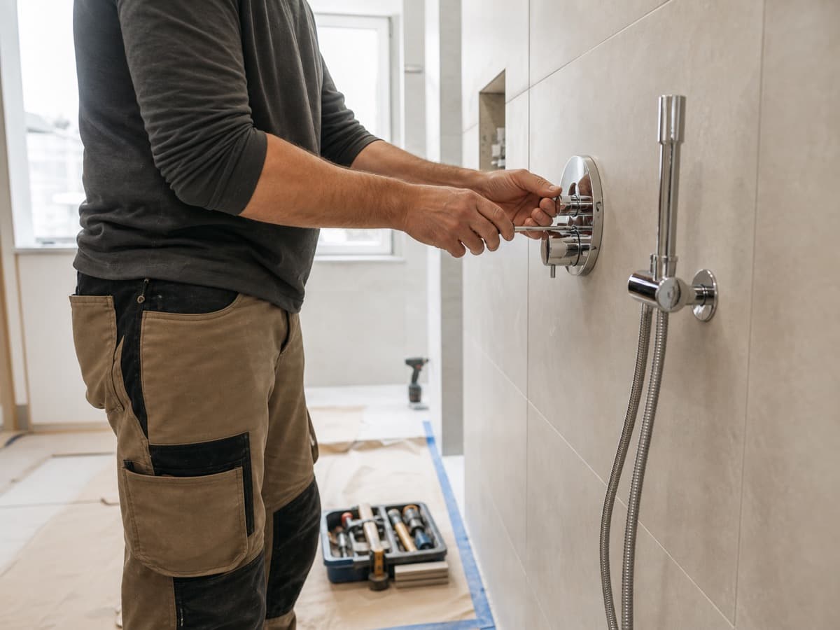 Handwerker montiert eine Duscharmatur in einem hellen Badezimmer