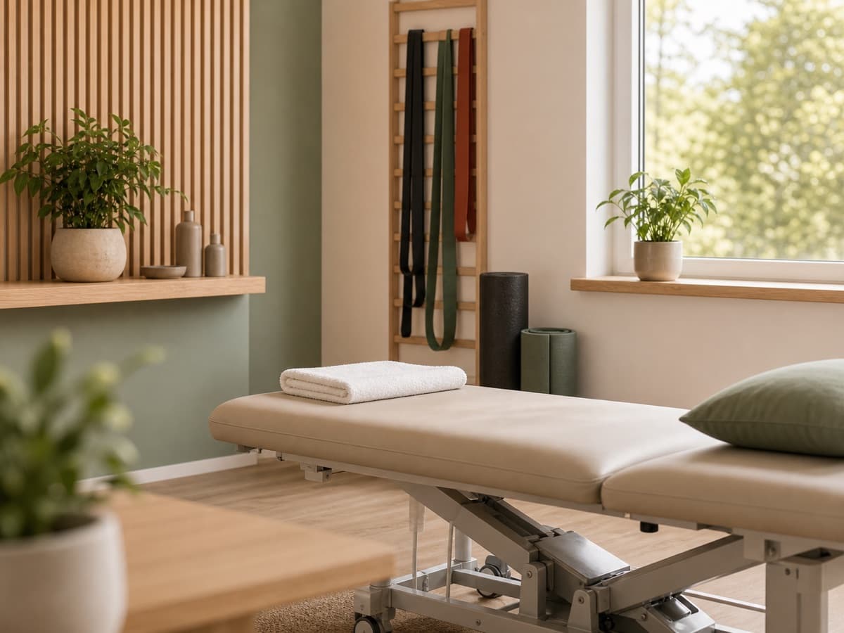 Ruhiger Therapieraum mit Behandlungsliege, Handtuch, Pflanzen und Übungsmaterial